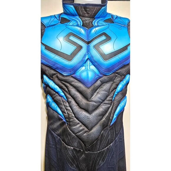 Blue Beetle Muscle Costume Jumpsuit with Generic Warrior Mask Superhero Boys LG - Picture 3 of 9